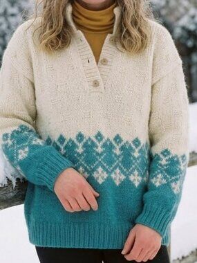 Vintage Hand-Knit Knitted Chunky Wool Pullover Sweater Fair Isle Pattern